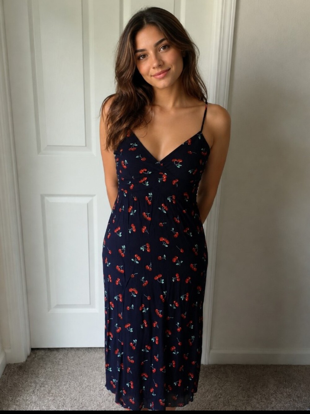Navy Cherry Print Spaghetti-Strap Slip Dress Medium